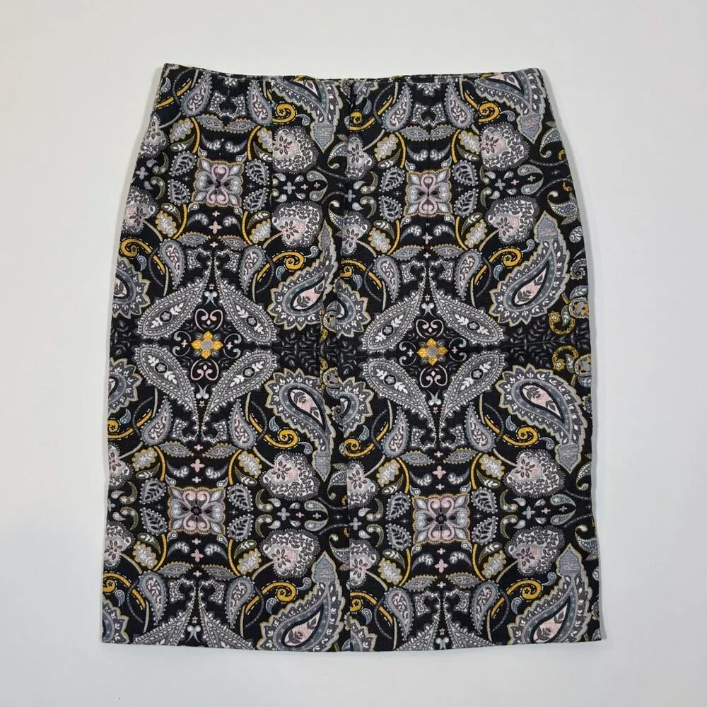 Ann Taylor Loft Black Yellow Paisley Print Cotton Pique Pencil Skirt - 2 Petite - Picture 3 of 7